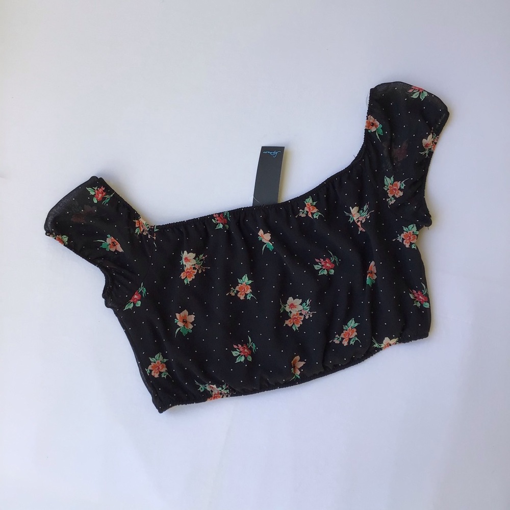 👗 Black Floral Off The Shoulder Crop Top Size XL